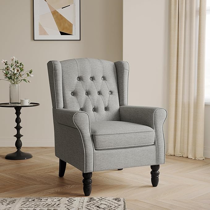 Accent Chair High Back Upholstered Chair with Button Tufted Mid-Century Modern Comfy Wingback Chair Reading Armchair in Fabric for Living Room for Bedroom Office-Light Gray