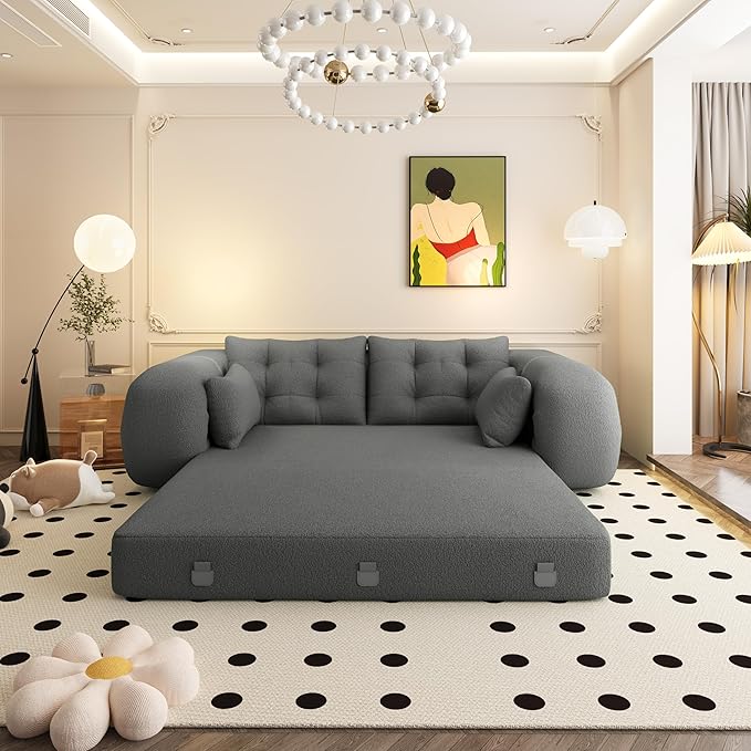 LUMISOL 78.7 Multi-Functional Foldable Sofa Bed 3-in-1 Teddy Fabric Foam-Filled Sleeper Sofa Bed for Living Room Guestroom Playroom Gray