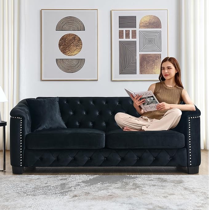 2 Piece Modern Chesterfield Velvet 77 3-Seater + 59 Loveseat Sofa Set Upholstered Tufted Backrests with 8 Nailhead Arms and 4 Cushions for Living Room (Black 77 3-Seater + 59 Loveseat Sofa Set)