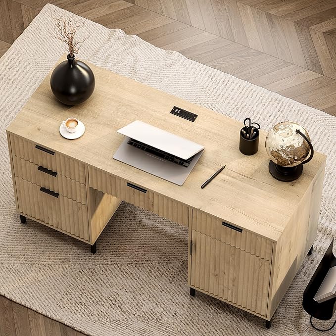 55 Large Fluted Executive Desk with File Drawer Computer Desk with Storage and Charging Station Modern Wooden Home Office Desk for Workspace Writing Study Light Oak