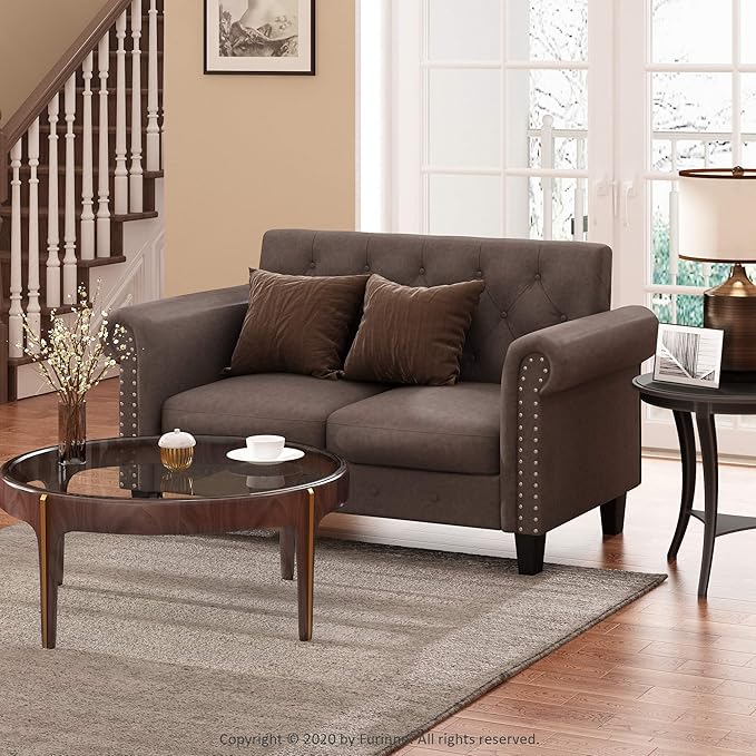 Furinno Bastia Vintage Modern Chesterfield Button Tufted Loveseat/Sofa Couch for Living Room Brown Faux Leather