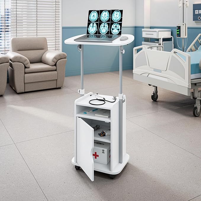Techni Mobili Adjustable Laptop Cart with Storage Rolling Mobile Workstation Desk with Cabinet Shelf &amp Locking Wheels. Height Adjustable Sit to Stand for Home Office Bedside or Classroom (Whit