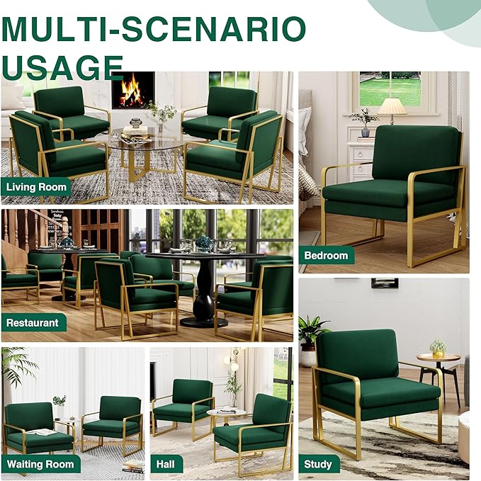 ALISH Accent Chairs Set of 2 Upholstered Armchair Modern Living Room Chairs Linen Arm Chair Side Sofa Chairs Reading Chairs with Metal Legs for Bedroom Living Room (GreenSet of 2)