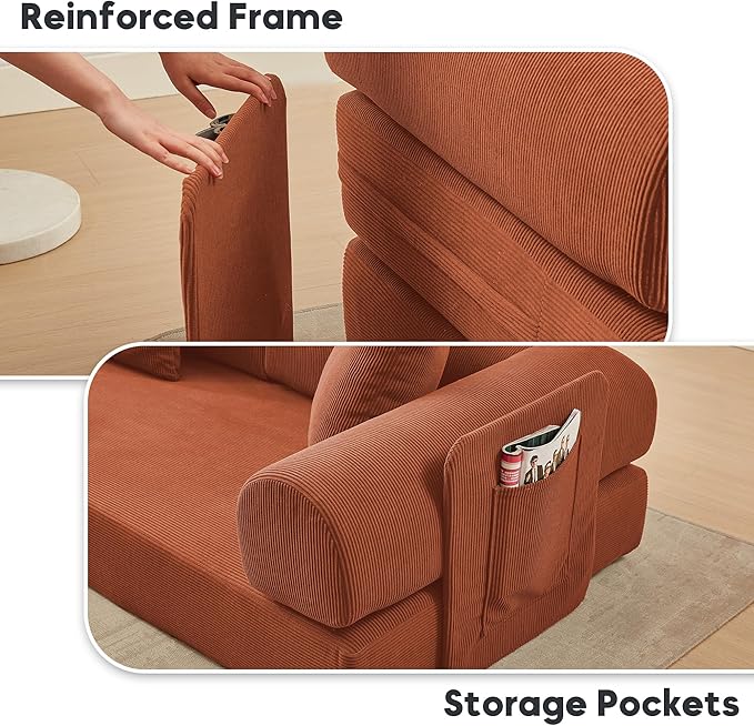 L Shaped Modular Sofa Bed with Cylindrical Pillow &amp Reversible Chaise Corduroy Folding Floor Convertible Sofa Couch Bed with Fixed-Shape Frame &amp Storage Pocket for Living Room Orange