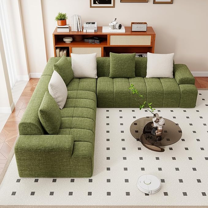Cloud Modular Sectional Sofa Couch 108 V Shaped Chenille Fabric Memory Foam Sofa 5-Seater Couches with 6 Pillows for Living RoomApartmentGreen