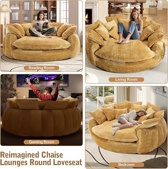 81 Oversized Boneless Round Chaise Lounge Bean Bag Chair Comfy Chenille Reading Chair Fluffy Plush Sofa Bed Large Deep Seat Circle Cloud Couch for Living Room/Apartment/Bedroom Yellow
