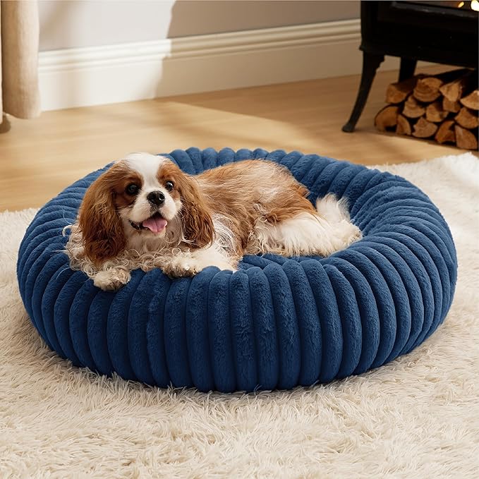 Bedsure ComfyFleece™ Donut Medium Dog Bed - Washable Faux Fur with Corduroy Fleece &amp Anti Slip Bottom Round Pet Beds with Removable Cover Night Blue 30x30x8 inches