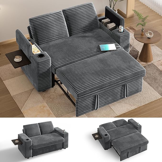 Vipbear 65 Loveseat Sleeper Sofa with Pull Out Bed Plush Corduroy 3-in-1 Convertible Sofa Bed with Reclining Backrest|USB Ports|Cup Holders|Side Table|Storage Armrests Tool Free Assembly Grey