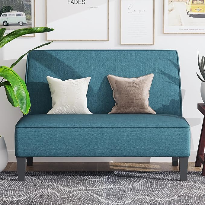 Yongqiang Small Loveseat Mini Sofa Couch Accent Upholstered Bench with Back Living Room Bedroom Office Armless Love Seat Settee Blue