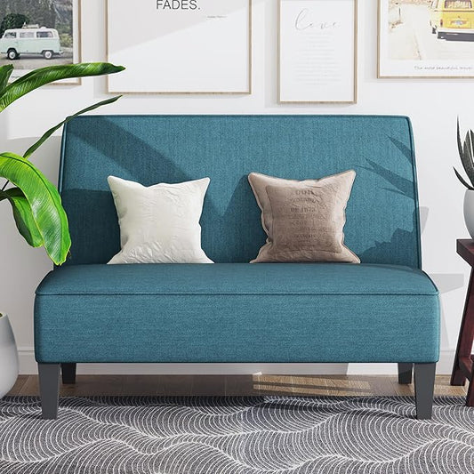 Yongqiang Small Loveseat Mini Sofa Couch Accent Upholstered Bench with Back Living Room Bedroom Office Armless Love Seat Settee Blue