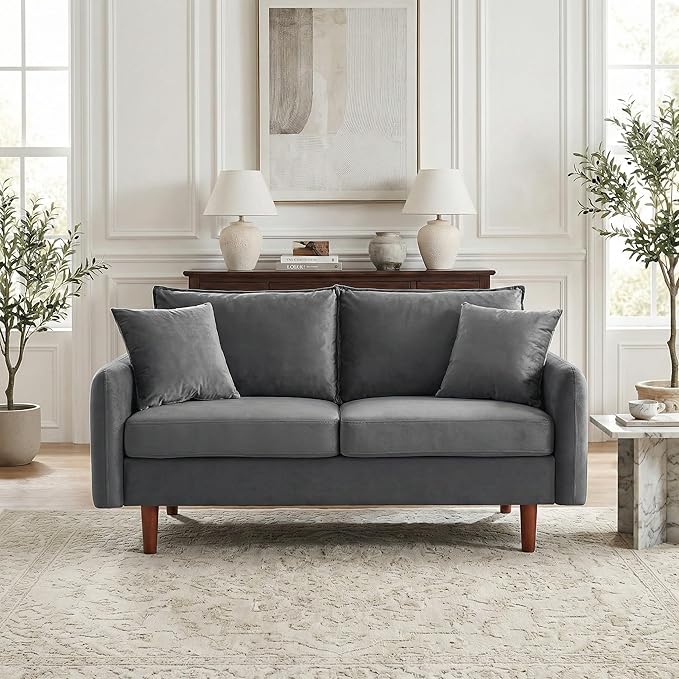56.1 Round Arm Velvet Loveseat with Side Pockets and a Square Pillow (Grey) | Side Storage Pockets Pillow Included