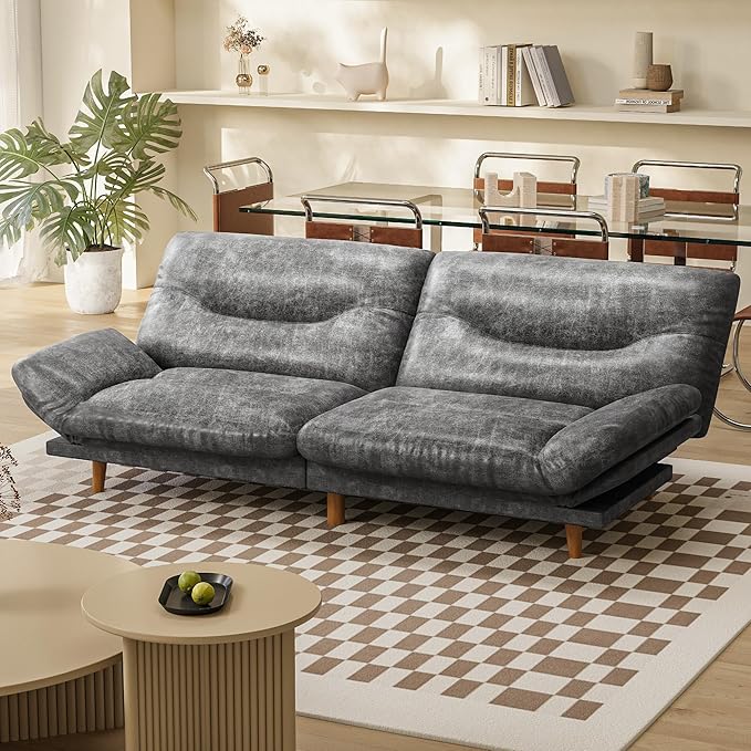 Homall Futon Sofa Bed Modern Loveseat Futon Couch with Adjustable Backrest and Armrests Sleeper Sofa Bed with Wood Frame for Living Room Office Apartment (Leathaire Heather Gray)