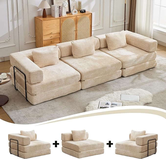 Convertible Floor Sofa Bed 3-Seat Modular Sectional Chenille Fabric No Assembly Required 118 inches Beige (3 Beige)