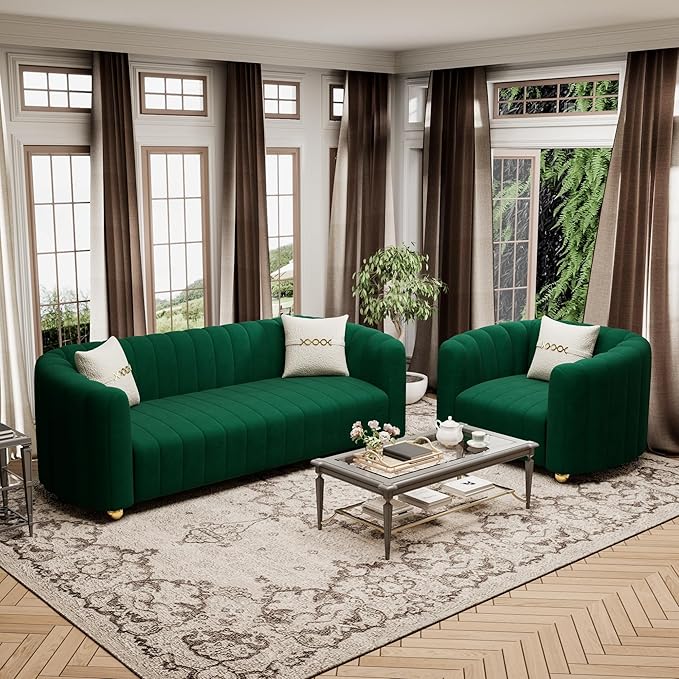 42 Velvet Sofa Chair for Living Room Modern Single Sofa with Gold Metal Sphere Legs (Green-1 Seater)