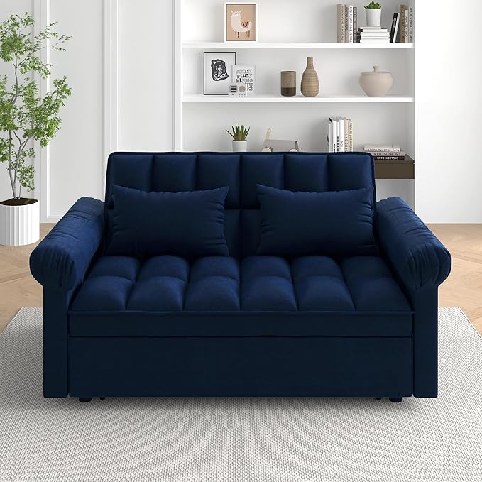 Modern Loveseat Sleeper Sofa with Pull-Out Bed &amp Adjustable Backrest Convertible Sofa Bed with Strong Wood Frame for Small Space Living Room Guest Room Easy Assembly (Blue85)