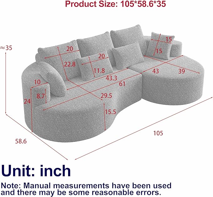 KEIKI 105 L Shaped Corner Couch Upholstered Curved Cloud with 7 Pillows Chenille Sectional Couch for Living Room Bedroom Black