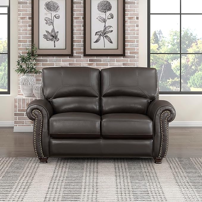 Lexicon Leather Match Couch for Living Room with Wood Frame Rolled Armrest &amp Nailhead Trim Top Grain Leather Match Sofa for Bedroom Office Waiting Room 2-Seater Loveseat Dark Brown