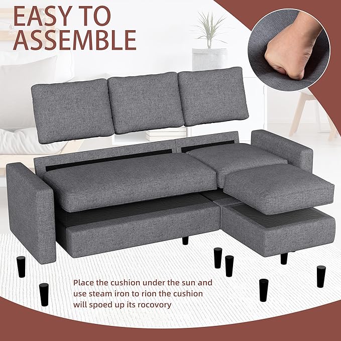 JAMFLY Sectional Sofa Couch Convertible L Shaped Sofas with Ottoman Small Sectional Couches for Living Room 3 Seater Couch for Small Spaces Dark Grey