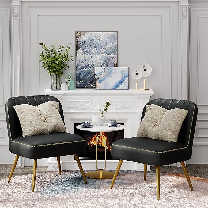 Andeworld Modern Accent Chair Set of 2 Upholstered Leather Living Room Chairs Elegant Armless Cute Small Side Club Chair with Golden Legs for Bedroom-Black
