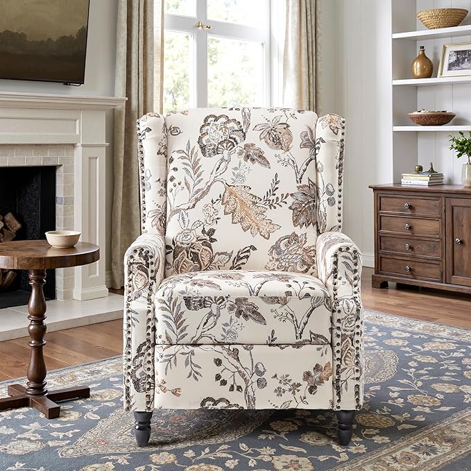 Recliner Chair Upholstered Wingback Floral Pushback Armchair with Adjustable Backrest &amp Footrest Comfy Accent Chair for Small Spaces Living Room Bedroom (Plants Beige Set of 1)