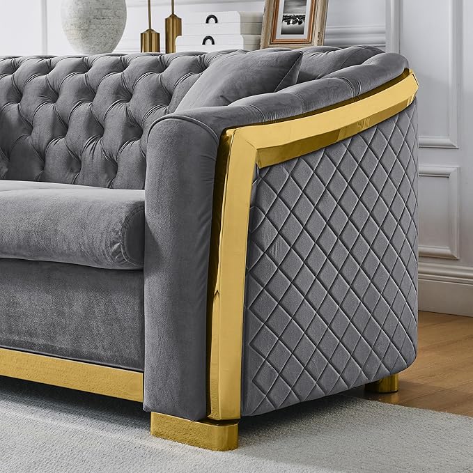 81.1 Velvet Sofa Couch for Living Room Chesterfield Sofa Couch 3 Seater Button Sofa with Stainless Steel Gold Plating Decoration with 2 Pillows Grey &amp Gold