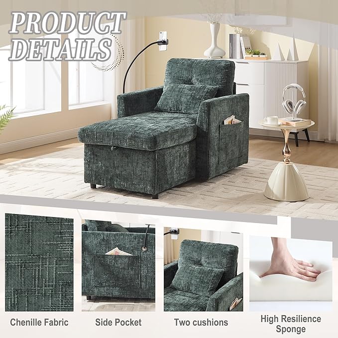 Multifunctional Recliner Sofa Chair with Storage Phone Holder &amp Adjustable Backrest Chenille Fabric Single Leisure Chair for Living Room Bedroom Small Spaces (Emerald)