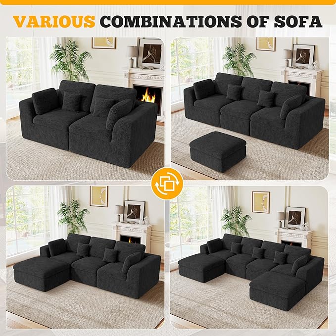 Loveseat Sofa Cloud Boneless Couches for Living Room 2 Seater Modular Sectional SofaOversizedBlack Chenille