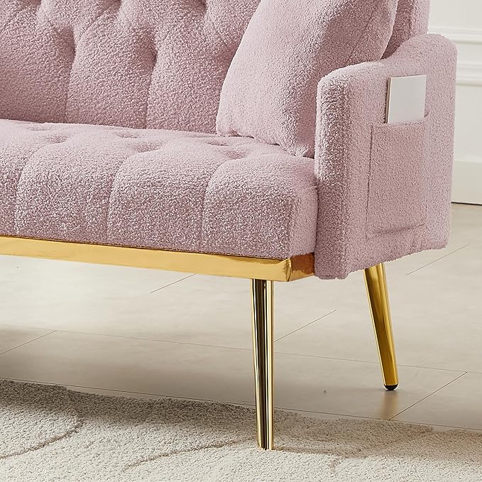 Small Loveseat Sofa Modern 2 Seater Teddy Fabric Small Sofa Couch with Gold Metal Legs and 2 Pillows for Living Room (Pink Teddy Fabric)