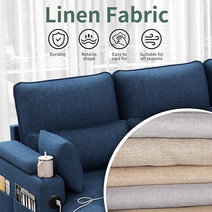 Sectional Sleeper Sofa with Pull Out Couch Bed with Storage Chaise for Living Room Comfy Linen Modular Sectional Sofa with Dual USB &amp Type-C Cup Holders (Blue 105 Inches)