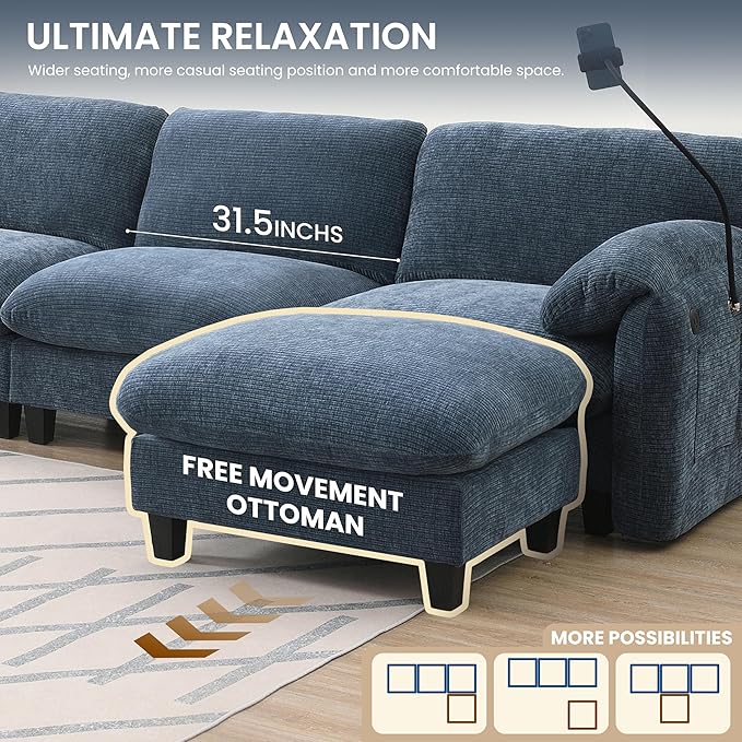 108 Modular Sectional Sofa L-Shape Upholstered Couch with Free Movement Ottoman Phone Holder and 2 Side Storage Pockets 31.5 Extra-Wide Seat Cushion Striped Chenille (Blue Gray/511)