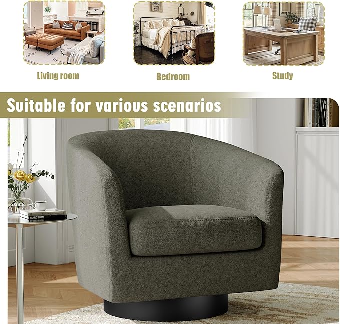 Swivel Barrel Accent Chair Modern 360° Swivel Round Barrel Chairs with Curve Back Upholstered Chenille Fabric Armchair Single Sofa Club Chair for Living Room Bedroom Tan