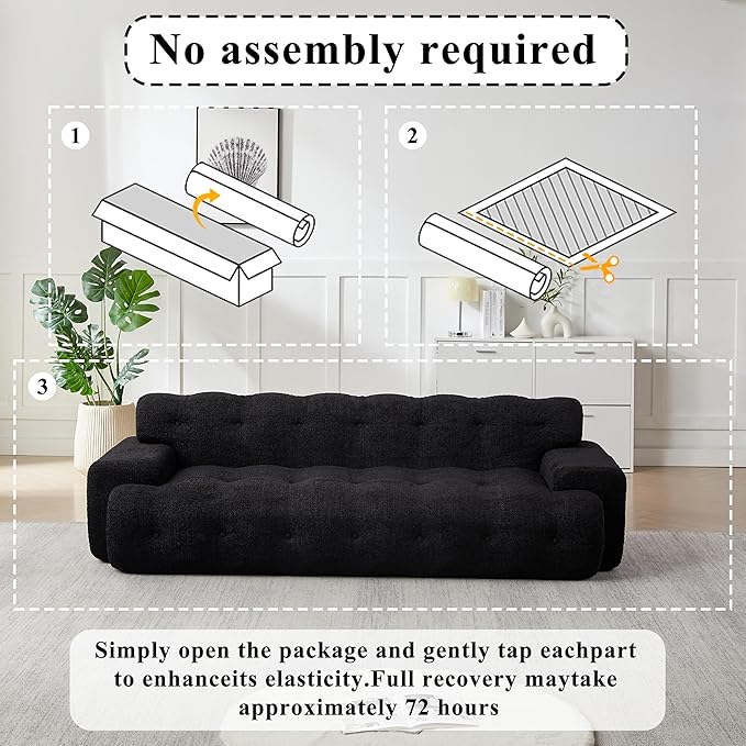 KEIKI 87.4 Cloud Couch Oversized 3 Seat Sofa with Button-Tufted Square Arm Deep Seat Chenille Seat for Living Room Guest Bedroom No Assembly Required Black