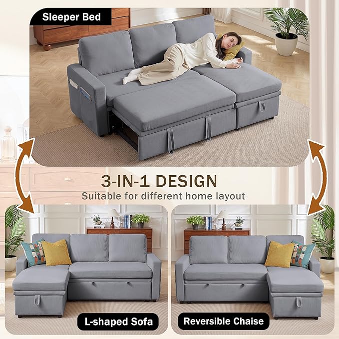 Convertible Sofa Bed L-Shape Sectional Sleeper Sofa with Storage Chaise Modern Polyester 3 in 1 Pull Out Couch Bed for Living Room Light Grey