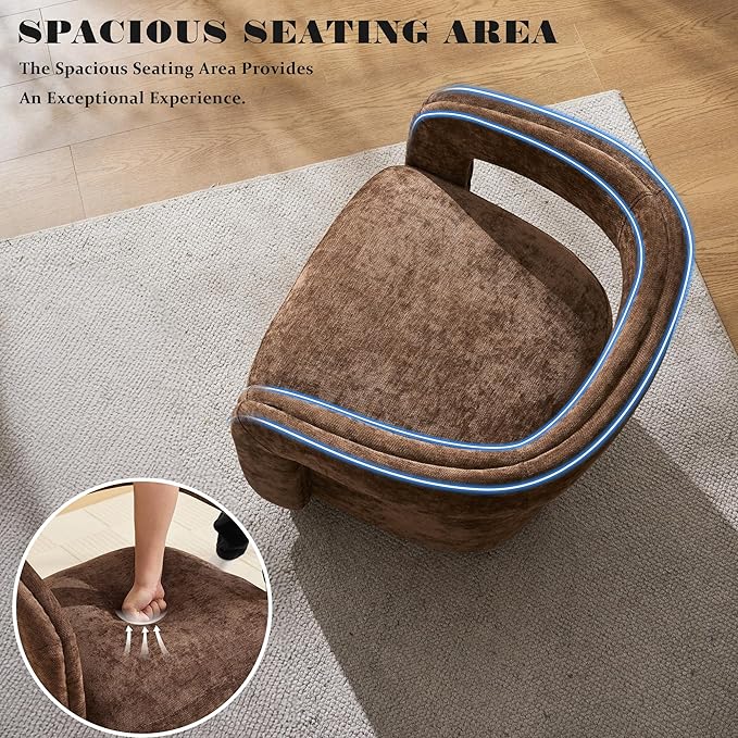 FOXHUNTER Swivel Accent Chair Set of 2 Modern Upholstered Barrel Chair Oversized Round Accent Armchair with Open Back Wooden Base for Living Room Chenil Brown