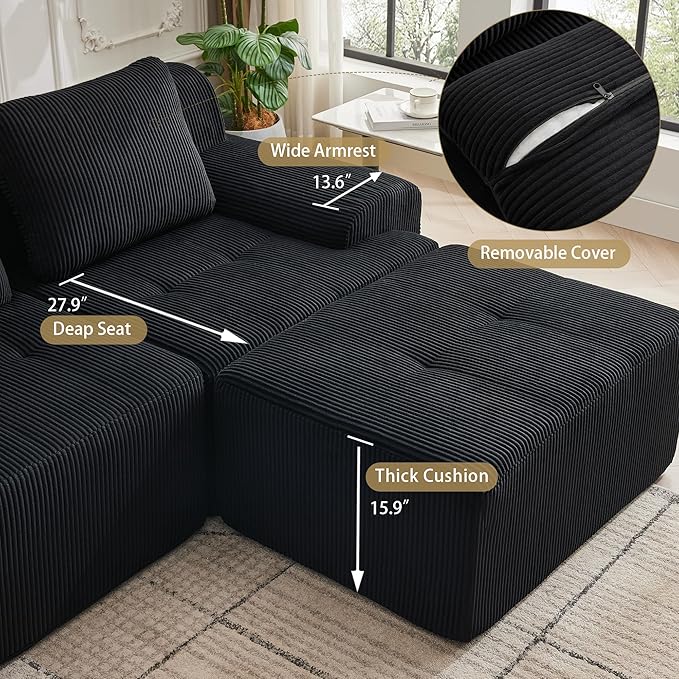 Modular Sectional Sofa with Movable Ottoman 3 Seat Deep Seat Couch with 3 Pillows Comfy Cloud Sectional Sofa for Living Room Bedroom and Apartment (Black 1 Left+1 Right+1 Middle+2 Ottoman)