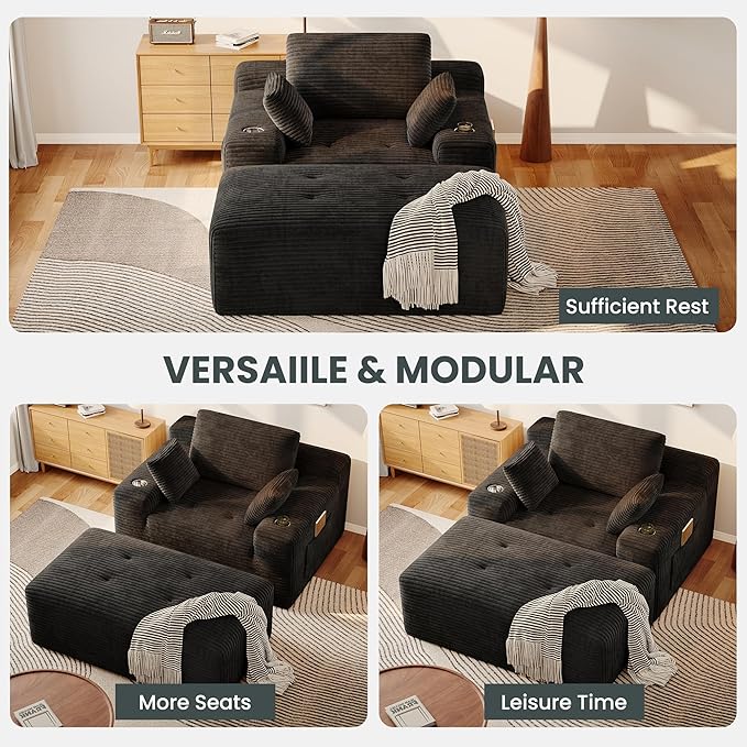 67 Oversized Chaise Lounge Sofa Indoor Sleeper Couch Chair with Cup Holders &amp Side Pocket | High-Density Memory Foam | Living Room Sofa Bed | Boneless Chaise | No Assembly (Black)