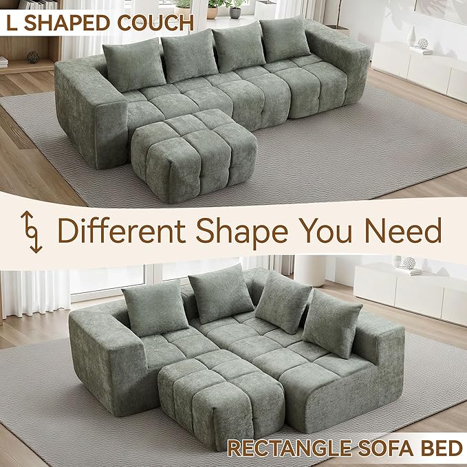 119 Oversized Cloud Boneless Couches for Living Room Modern Tufted Modular Sectional Sofa with Deep Seat &amp Movable Ottoman L Shaped Memory Foam Chenille Couch No Assembly Required Green