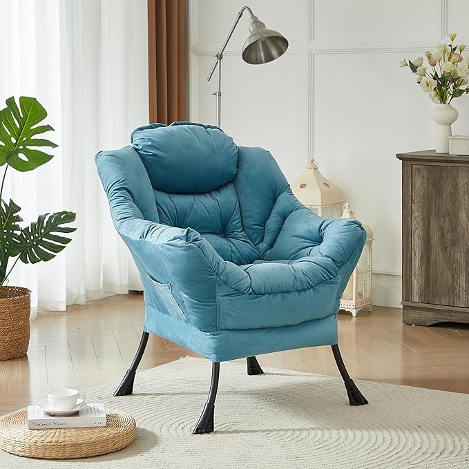 HollyHOME Lazy Chair with Armrest and Side Pocket Comfy Accent Lounge ChairLeisure Sofa Armchair for Living Room Bedroom Dorm or Small Spaces Oversized Reading Sofa Chair Textured Blue
