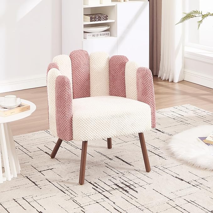 Okeysen Petal Vanity Chair Cute Chair Velvet Accent Chairs with Wood Leg Mid Century Reading Chair Armchair for Living Room Bedroom Vanity &amp Makeup Room.
