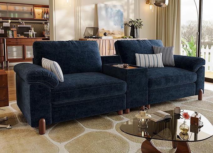 SITJOY 100 Oversized Sectional Couches for Living Room Extra Large Deep Seat Couch with Washable Covers Versatile Console Charging Ports Storage and Cupholders Loveseat Chenille in Blue