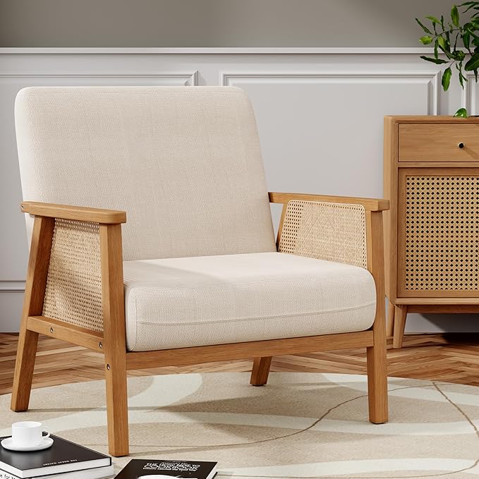 ALISH Mid-Century Modern Accent Chairs Upholstered Living Room Chairs Armchairs with Rattan Arms and Wooden Legs for Living Room Bedroom (Beige Set of 2)