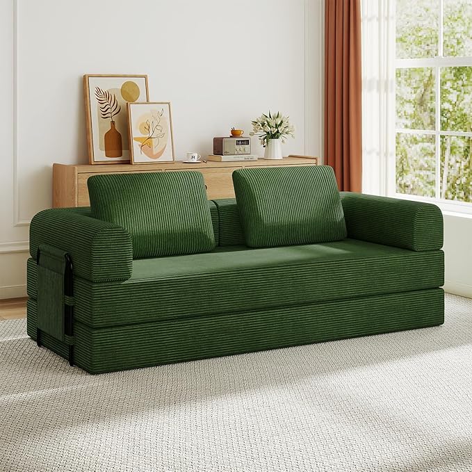 KEIKI 79 Corduroy Sleeper Sofa Bed with Fixed Frame Convertible Folding Couch with Cylindrical Pillow Space-Saving 3-Seat Furniture for Studio Apartment Living Room Modern Green