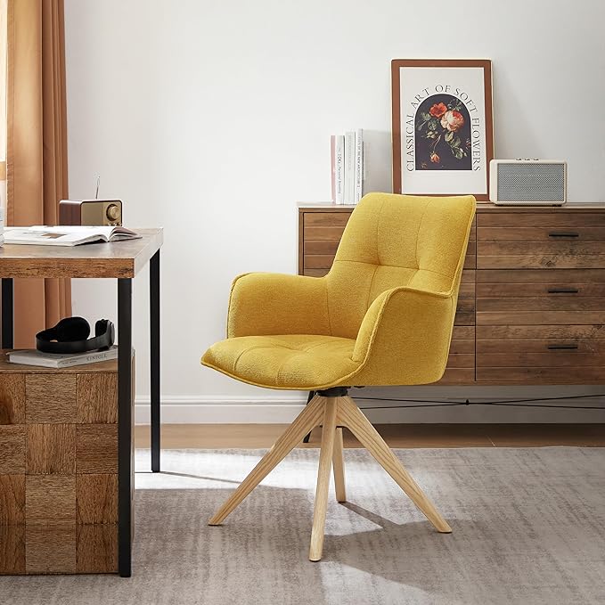 Art Leon Mid Century Modern Desk Chair - Fabric Upholstered Office Chair No Wheels Swivel Armchair with Oak Wood Legs for Small Space Living Room Bedroom Set of 2 Yellow