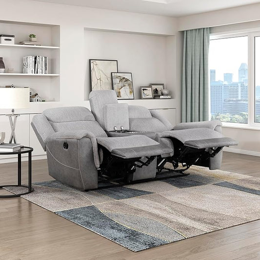 Lexicon Manual Reclining Loveseat for Living Room Chenille Double Recliner Loveseat Center Storage Console/Home Theater Seating/Wall Hugger/Padded Headrest Required Assembly Two-Tone Gray