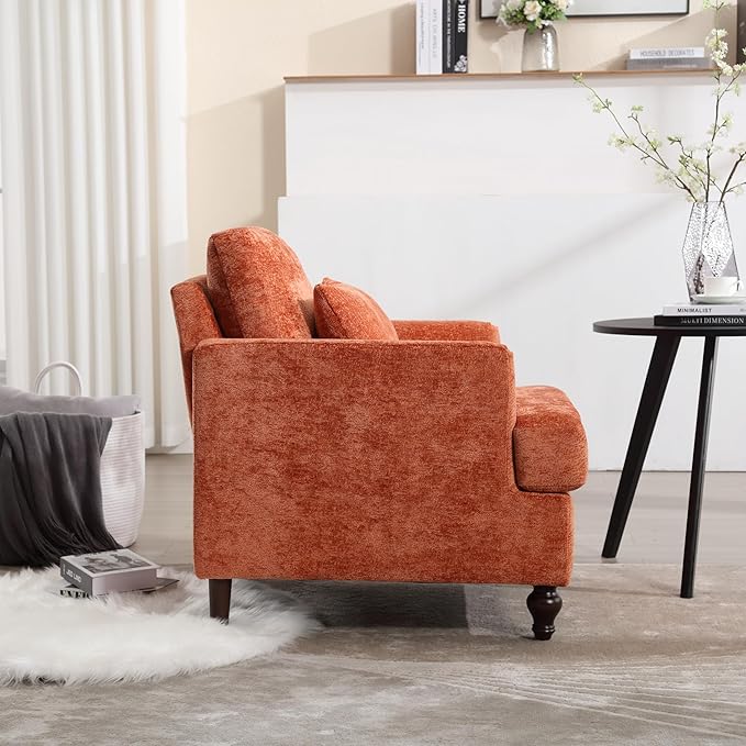 Modern Accent Chair 29'' W Comfy Chenille Tufted Lounge Armchair for Living Room Upholstered Mid Century Reading Nook Chairs Single Sofa Chair Solid Wood Frame (Orange)