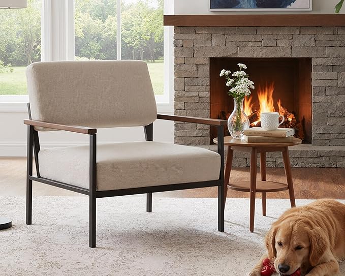 Mid Century Modern Accent Chair Set of 1 Beige Linen Upholstered Armchair with Black Metal Frame Comfortable Lounge Reading Chair for Living Room Bedroom Office Reception