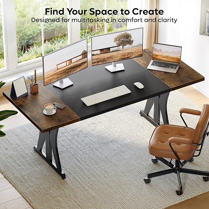 Bestier 70 Inch Large Executive Desk Modern Simple Computer Office Desk with Thickened Desktop Wood Metal Conference Room Table for Home Office Business &amp Writing Rustic Brown