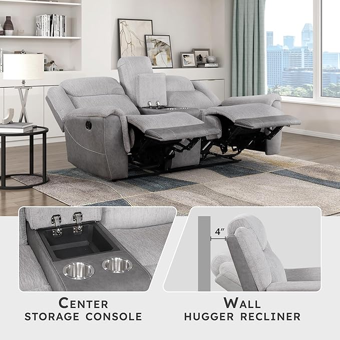 Lexicon Manual Reclining Loveseat for Living Room Chenille Double Recliner Loveseat Center Storage Console/Home Theater Seating/Wall Hugger/Padded Headrest Required Assembly Two-Tone Gray
