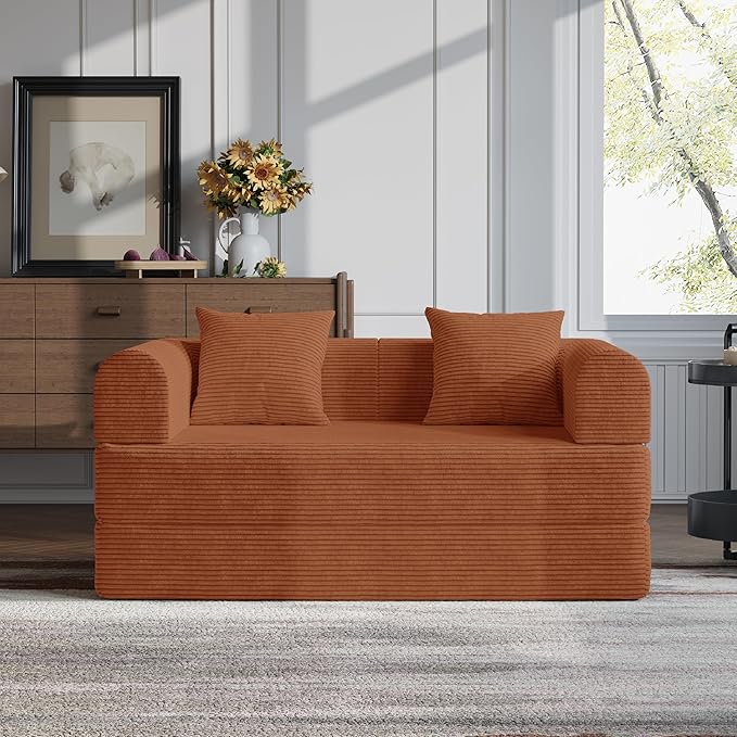 HouseMila 53.15 Convertible Sofa Bed4-in-1 Futon Sofa Bed Modular Loveseat Sleeper Folding Pull Out Couch with Pillows No Assembly Required Boneless Couch for Living Room Bedroom Guest RoomOrange