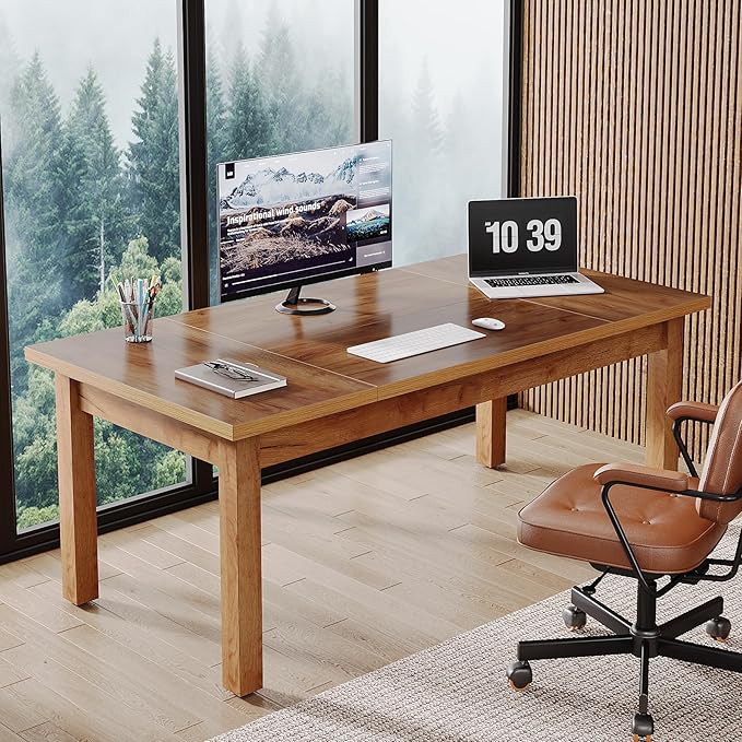 Tribesigns 70 Inch Large Computer Desk Farmhouse Office Desk Writing Study Desk with Solid Wood Leg's Executive Desk with Thickened Frame and Board